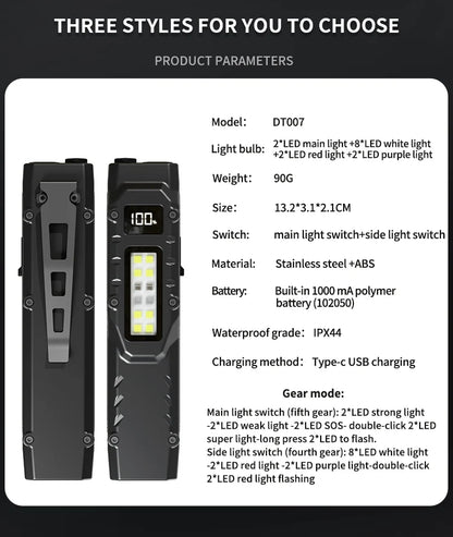 Portable 800 Lumens USB Rechargeable Tactical Flashlight – IPX4 Waterproof LED COB Work Light for Camping