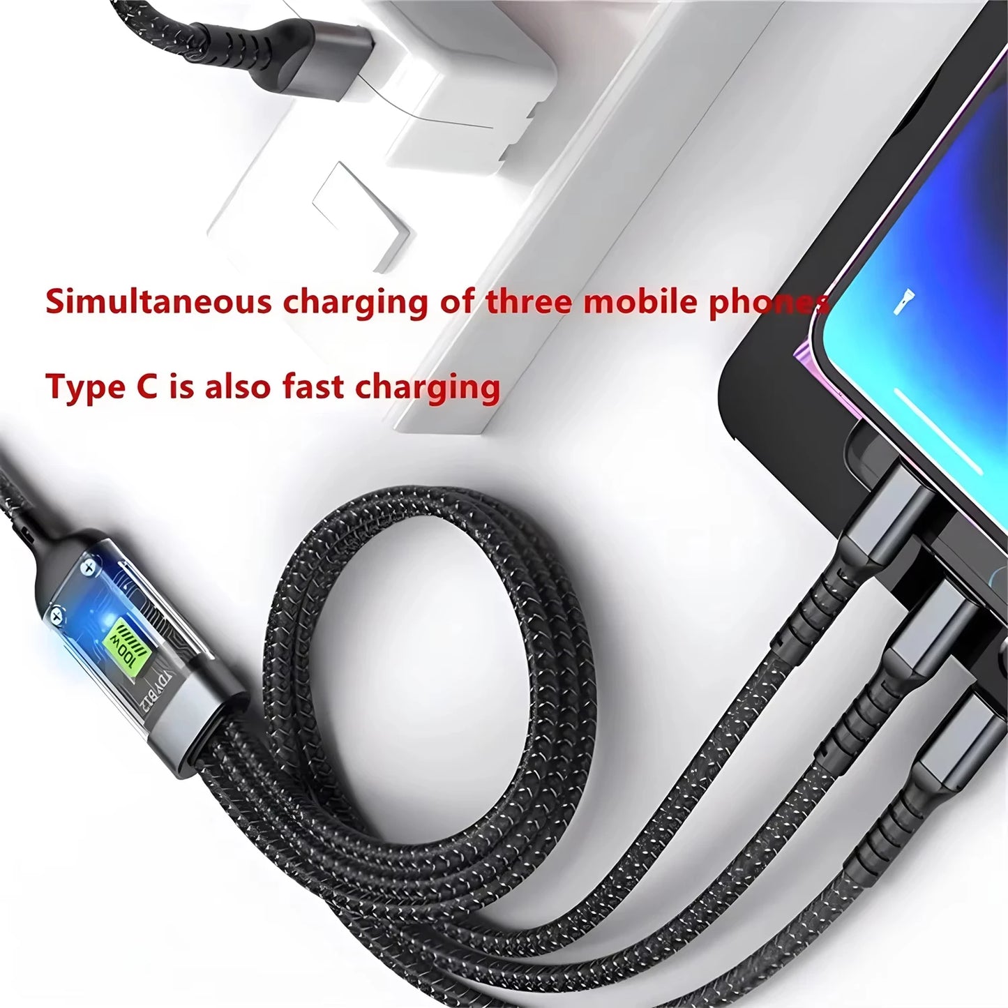 3-in-1 100W 6A Fast Charging Cable — USB to Type-C, Micro, Lightning for iPhone 13–16, Samsung, Xiaomi, Huawei