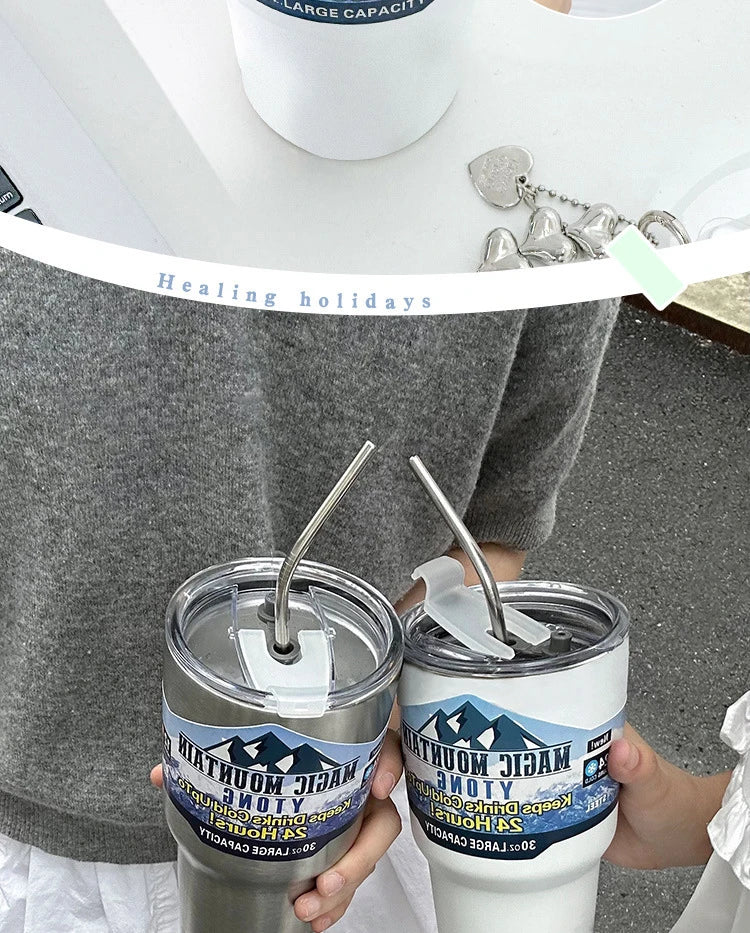 Magic Stainless Steel Thermos Cup with Straw – Vacuum Insulated Ice Coffee Travel Bottle for Car, Outdoor & Mountain Use