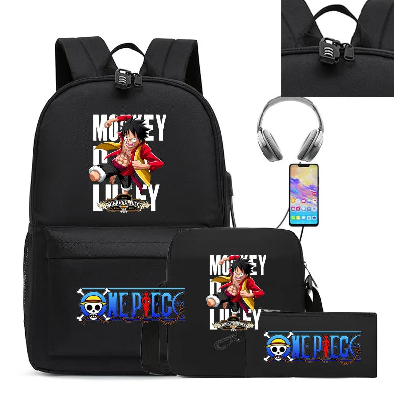 3PC One Piece Luffy School Backpack Set – Rechargeable Anime Bag for Boys & Girls, Student Cartoon Mochila