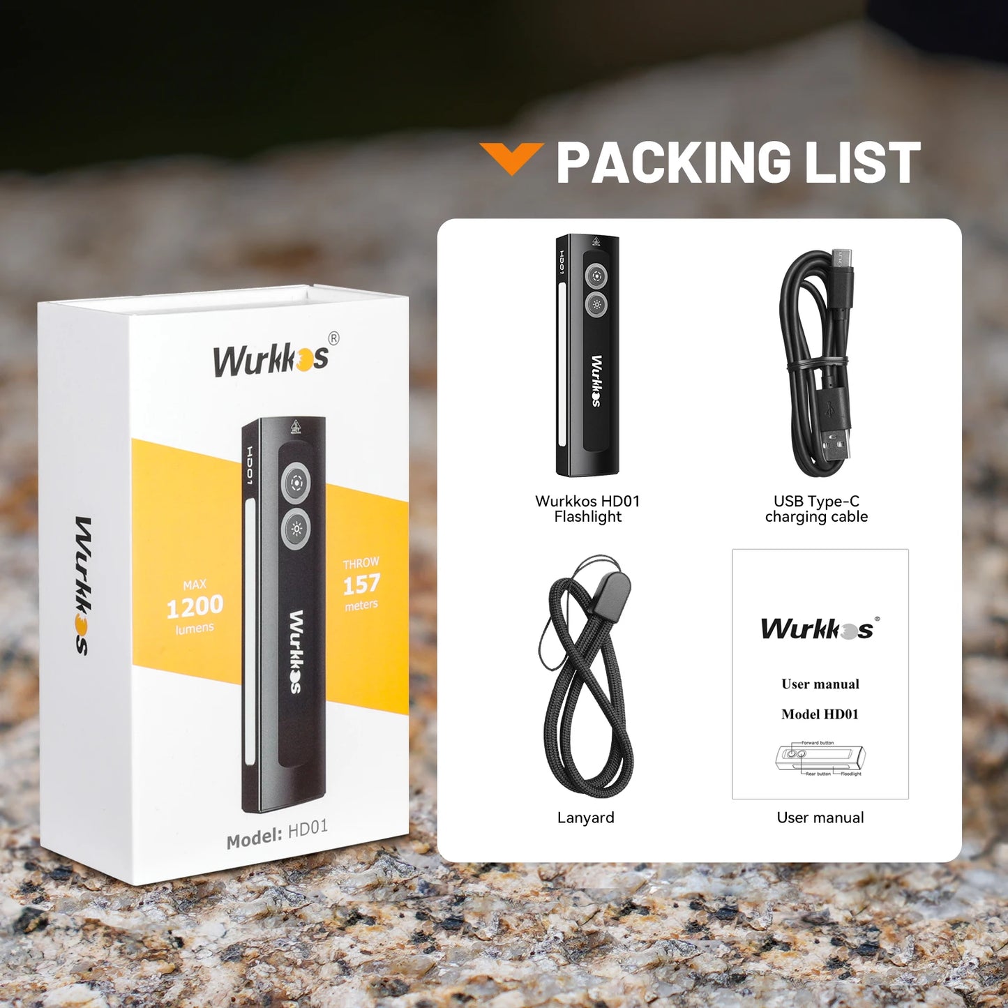 Wurkkos HD01 Multi-Function Rechargeable Flashlight – 1200LM Flat Torch with Green, White, RGB Side Light, IP65 Waterproof