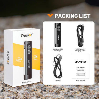 Wurkkos HD01 Multi-Function Rechargeable Flashlight – 1200LM Flat Torch with Green, White, RGB Side Light, IP65 Waterproof