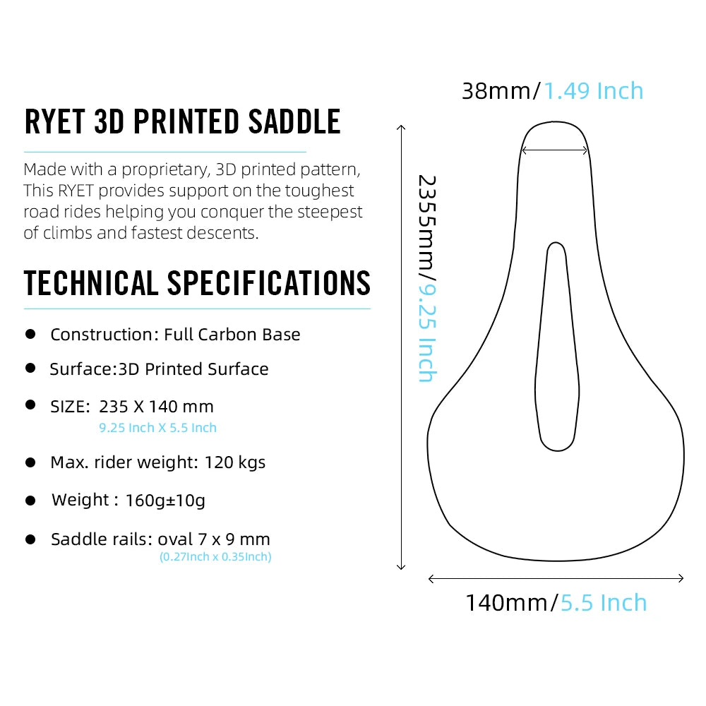 RYET 3D Printed Carbon Bike Saddle — 140/142mm Super Light EVA Road & MTB Racing Seat Cushion
