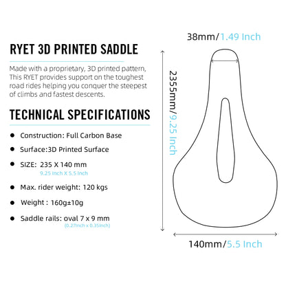 RYET 3D Printed Carbon Bike Saddle — 140/142mm Super Light EVA Road & MTB Racing Seat Cushion