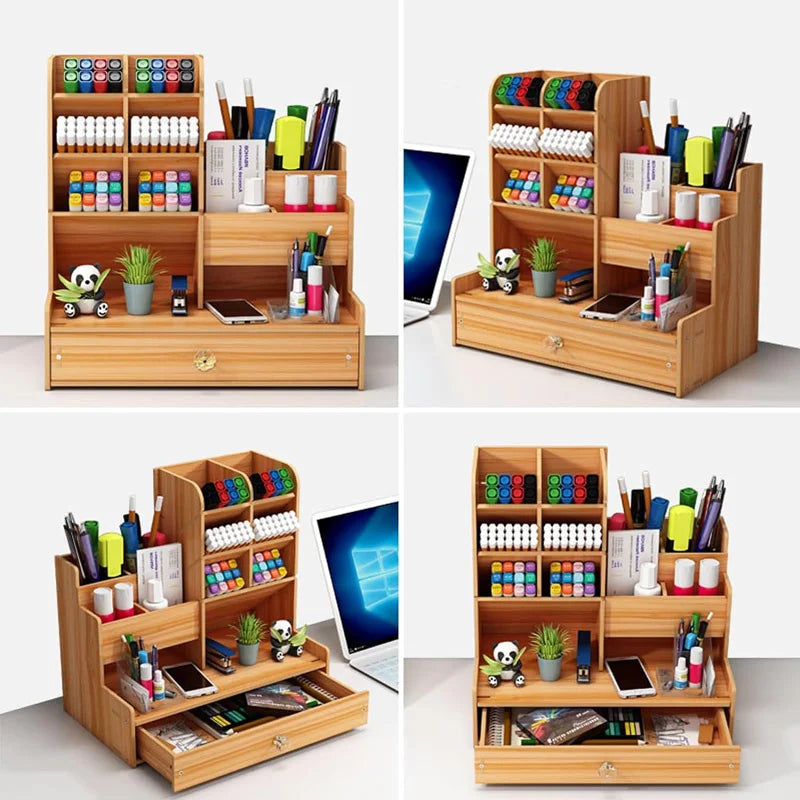 Wooden Desk Organizer DIY, Large Capacity Pen Holder with Drawer, Desktop Tidy and Stationery Storage Box for Home, Office, and School