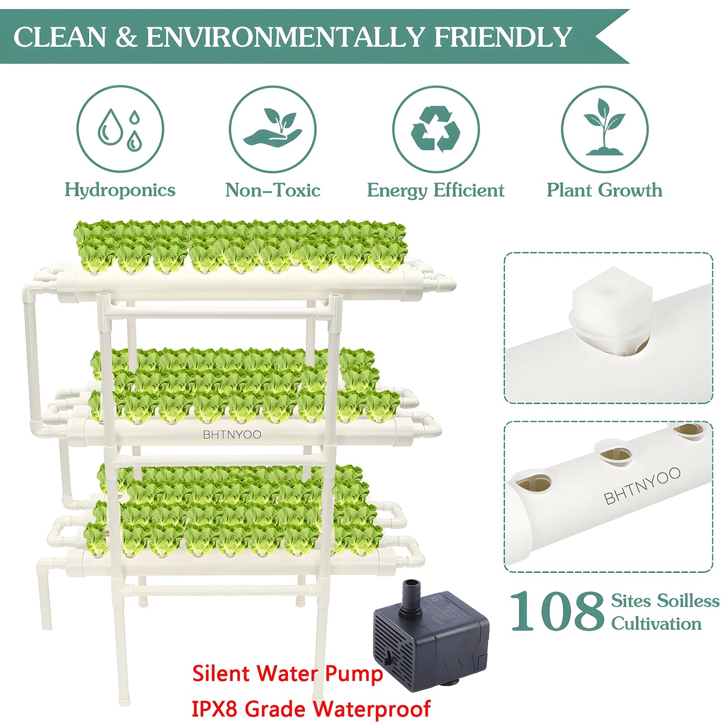 Hydroponics Growing System Kit — 3-Layer 108-Site PVC Pipe Hydroponic Garden for Vegetables & Herbs