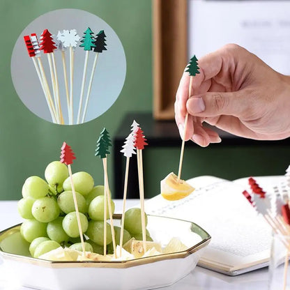 50PCS Christmas Bamboo Cocktail Picks – Santa, Snowflake & Tree Toothpicks for Drinks, Fruits, Desserts & Holiday Party Decorations 2024