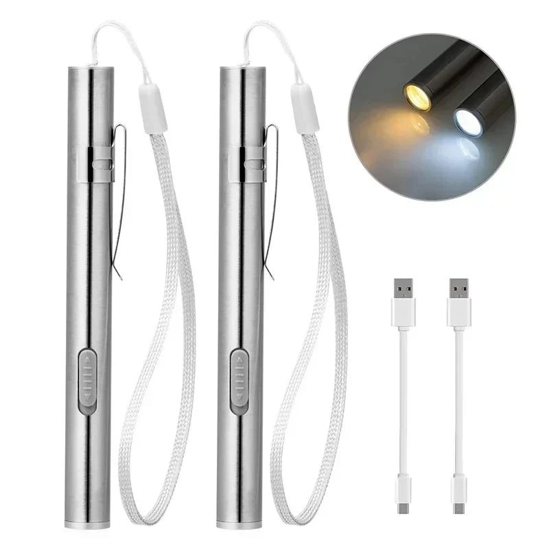 Mini Portable LED Pen Light — USB Rechargeable Medical Flashlight with Stainless Steel Clip for Dentist & Nurse Use
