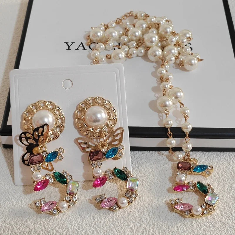 Big Statement Dangle Crystal Earrings & Necklace Set – 5-Digit Butterfly Drop Jewelry for Ladies