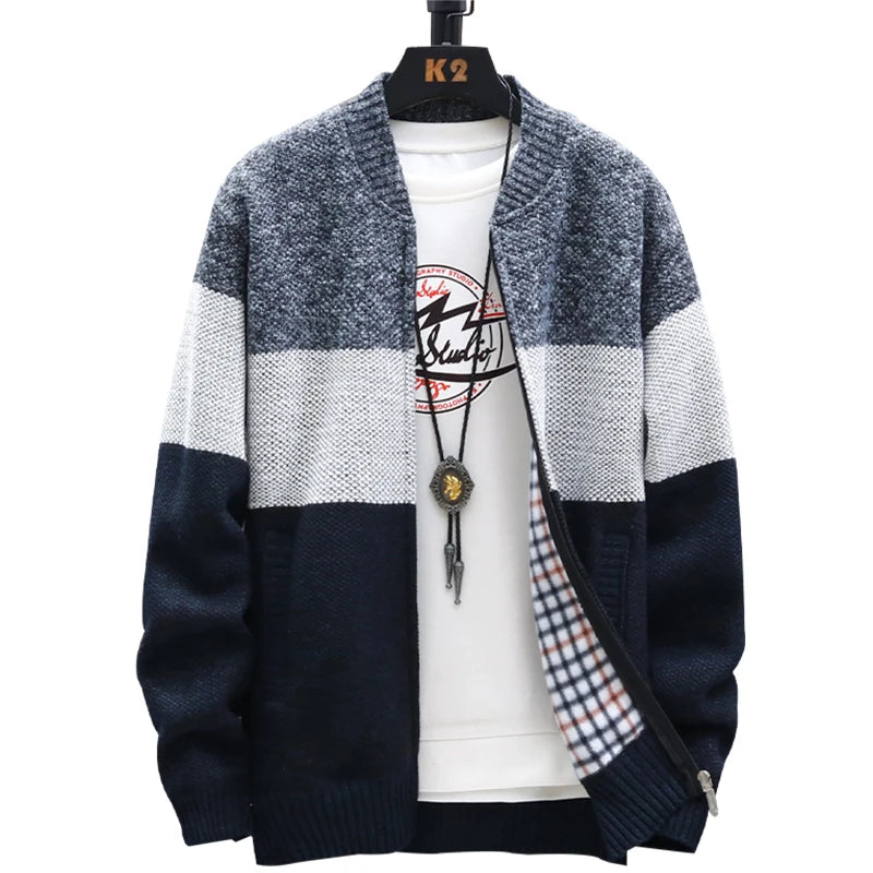 Men's Fleece Zipper Cardigan – Autumn Winter Velvet Striped Sweater Jacket