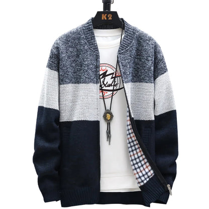 Men's Fleece Zipper Cardigan – Autumn Winter Velvet Striped Sweater Jacket