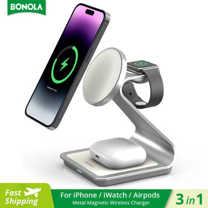 Bonola Magnetic 3-in-1 Wireless Charger - 30W Charging Station for iPhone 15/14/13/12 Pro Max, Apple Watch, AirPods Pro