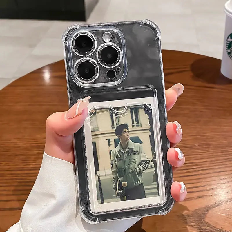 Transparent Card Slot Bag Holder Case for iPhone 16/15/14/13/12/11 Pro Max, Mini, X, XR, 7, 8 Plus | Clear Shockproof Soft Wallet Cover