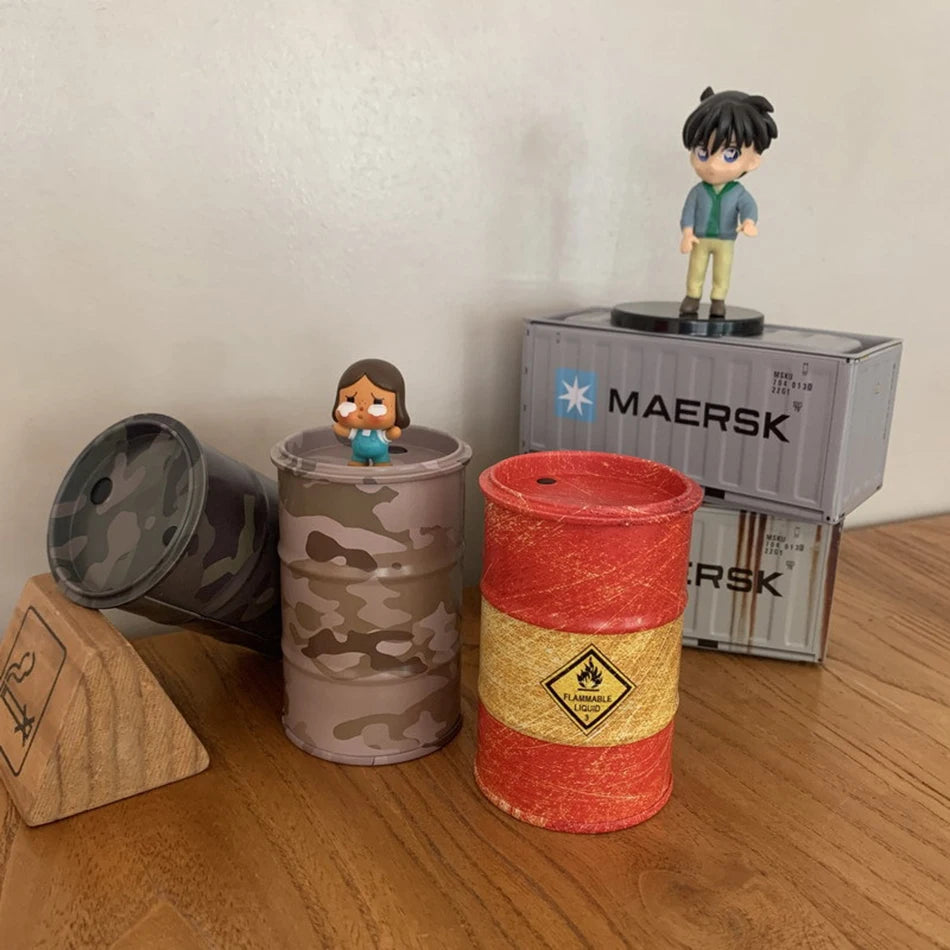 Iron Mini Oil Drum Model – Chemistry Car Desktop Decoration & Storage Box War Games Scene Toy for Boys