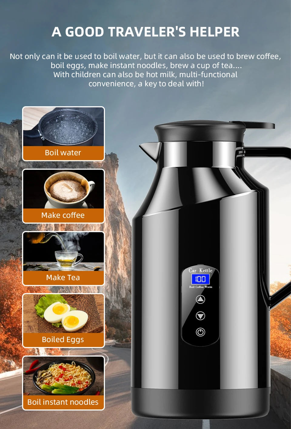 Yangood Portable Car Kettle 1500ML — Large Capacity 304 Stainless Steel Water Heater, 12V/24V for Travel, Tea, and Coffee