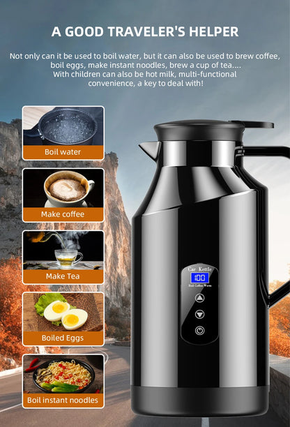 Yangood Portable Car Kettle 1500ML — Large Capacity 304 Stainless Steel Water Heater, 12V/24V for Travel, Tea, and Coffee