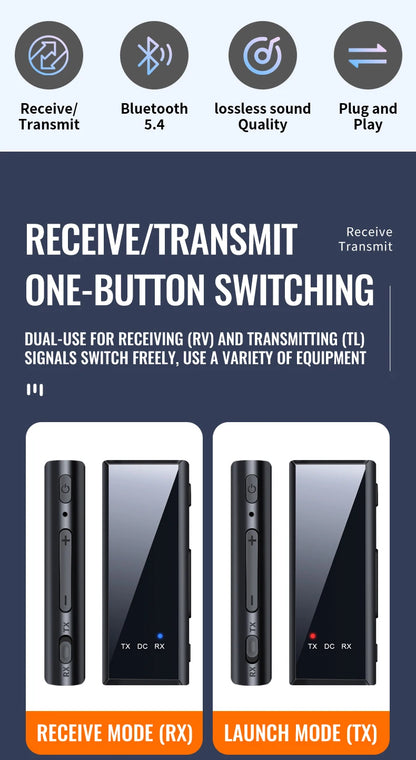 Bluetooth 5.4 Audio Transmitter Receiver – 3.5mm AUX Wireless Adapter with Mic & TF Card Support for Car, TV & PC