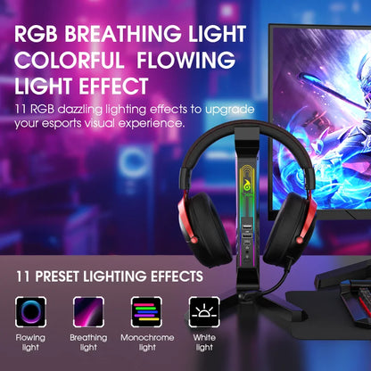 RGB Gaming Headset Stand – LED USB Charging Dock with Sound-Activated Lights & 11 Modes