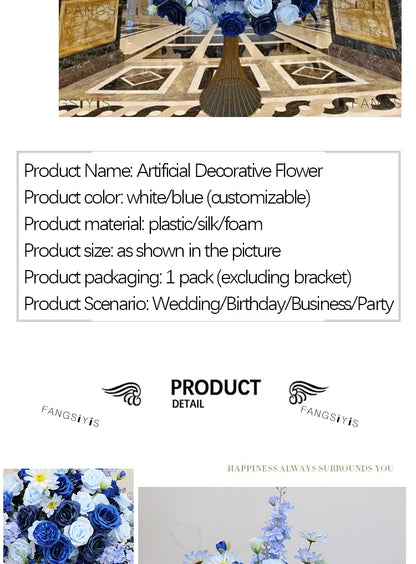 Large White/Blue Rose Flower Ball – 80-30cm Artificial Floral Bouquet for Wedding & Event Table Centerpiece Decoration