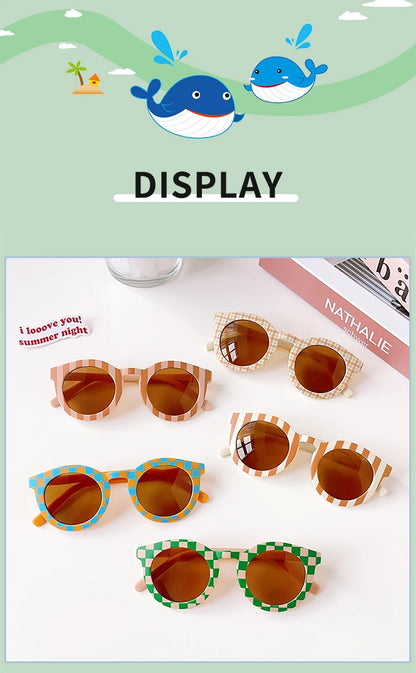 2023 Kids Checker Panel Round Sunglasses – Cute UV400 Sun Protection for Baby Girls & Children Outdoor Wear