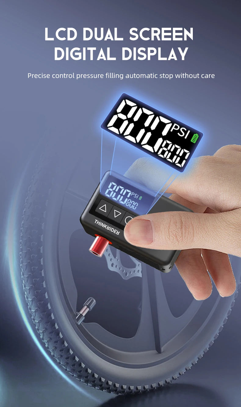 ThinkRider 120 PSI Mini Electric Bike Pump – Portable Tire Inflator with Digital Gauge Display