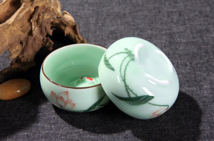 Traditional Celadon Hand-Painted Teacup — 80ml Ceramic Lotus & Bamboo Double-Fish Chinese Tea Cup