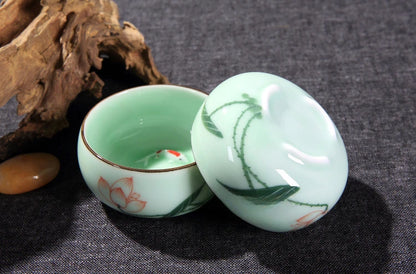 Traditional Celadon Hand-Painted Teacup — 80ml Ceramic Lotus & Bamboo Double-Fish Chinese Tea Cup