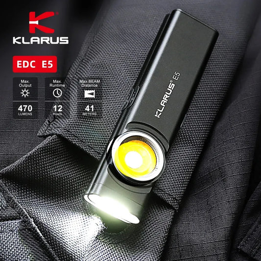 Klarus E5 COB Flashlight – Magnetic Dual Light Torch with 8 Lighting Modes, USB-C Rechargeable EDC Strobe for Emergency Use