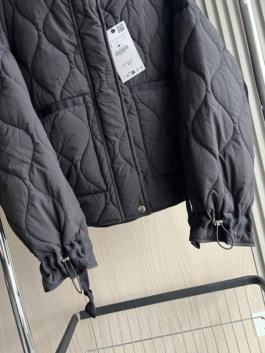 2024 ETJ Quilted Women's Coat – Beige Drawstring High Neck Jacket with Ties & Pockets