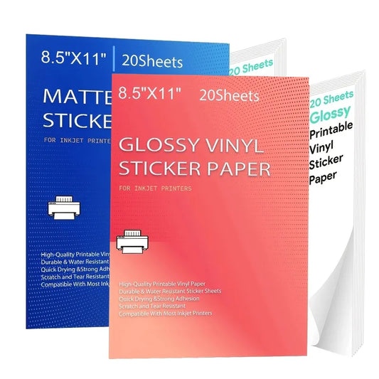 20 Sheets Printable Vinyl Sticker Paper: Glossy White Matte for Inkjet & Laser Printers - Waterproof Decal Paper, Self-Adhesive, 8.5x11 Inches