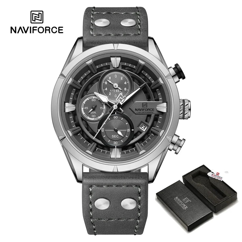 NAVIFORCE Men's Casual Watch – Luxury Waterproof Chronograph Quartz Wristwatch with Genuine Leather Strap