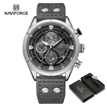 NAVIFORCE Men's Casual Watch – Luxury Waterproof Chronograph Quartz Wristwatch with Genuine Leather Strap