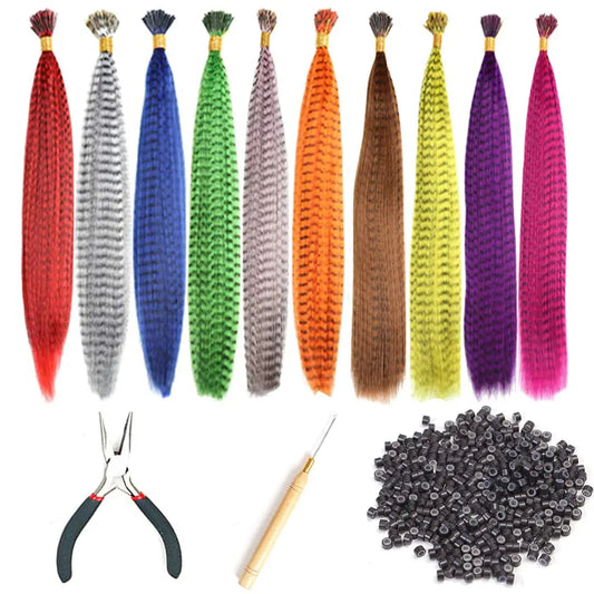 10pcs Colored Feather Hair Strands – I-Tip Synthetic Zebra Line Hair Extensions