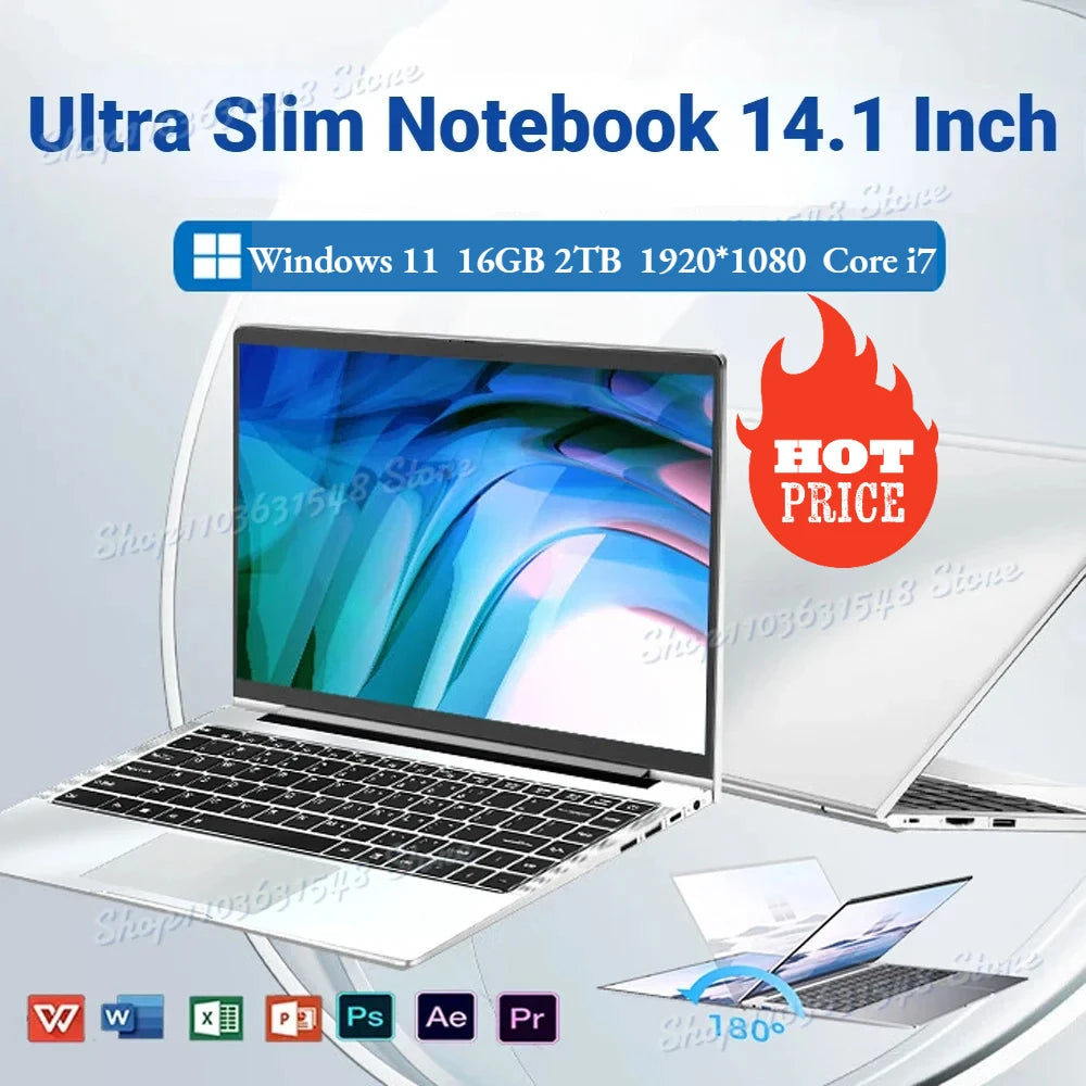 2024 Ultra Slim 14.1 Inch Intel Core i7 Laptop - i7-7500U, Windows 11, 16GB RAM, 1TB/2TB SSD, 1920x1080 Portable Notebook