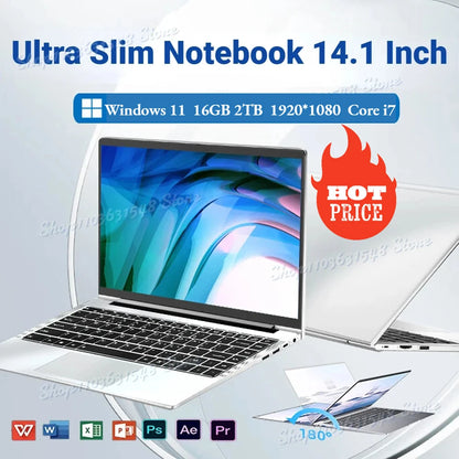 2024 Ultra Slim 14.1 Inch Intel Core i7 Laptop - i7-7500U, Windows 11, 16GB RAM, 1TB/2TB SSD, 1920x1080 Portable Notebook