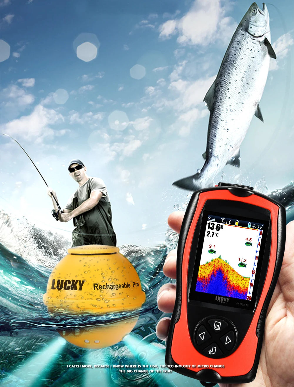 Lucky Sonar Fish Finder FF1108-1CWLA – Rechargeable Wireless Sensor, 45M Depth Echo Sounder for Portable Fishing