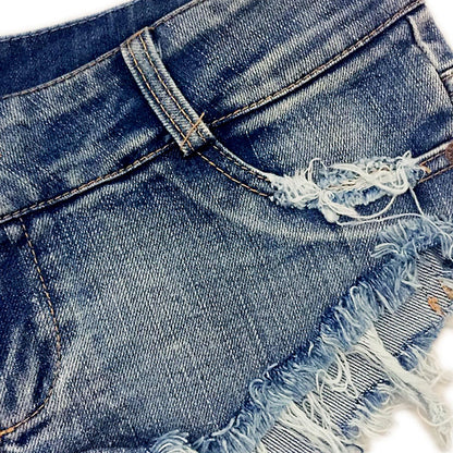 887# Sexy Low-Waist Perforated Denim Shorts — High-Elastic Summer Fashion Jeans for Women, Night Club Party Style