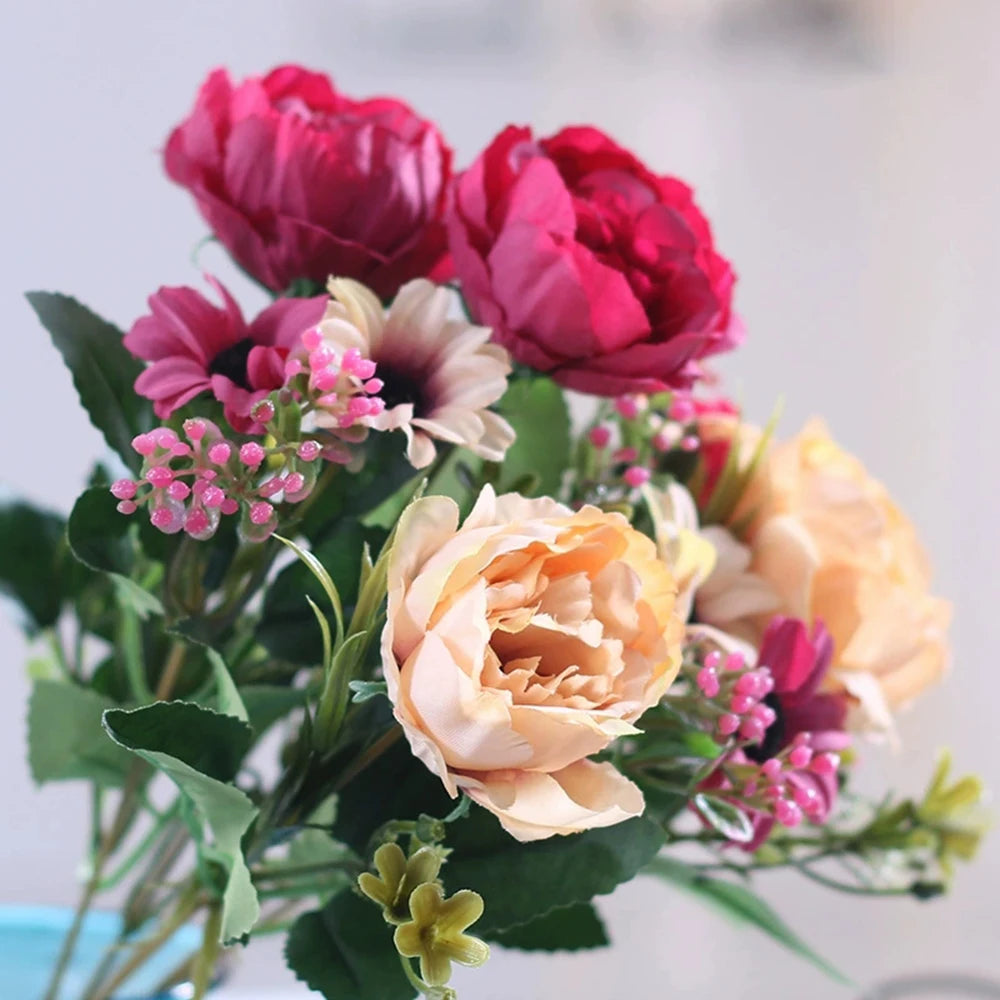 Silk Artificial Flower Bouquet – Peony, Baby’s Breath & Daisy Accessories for Wedding, Home, Room & Party Decoration