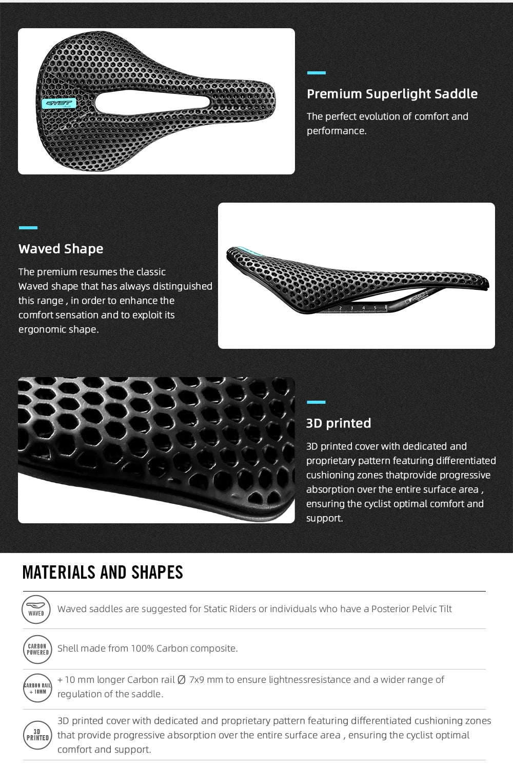 RYET 3D Printed Carbon Bike Saddle — 140/142mm Super Light EVA Road & MTB Racing Seat Cushion