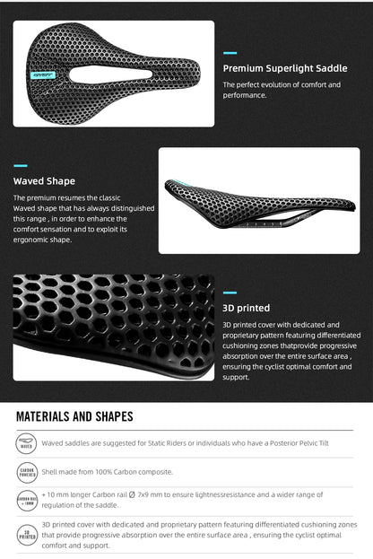 RYET 3D Printed Carbon Bike Saddle — 140/142mm Super Light EVA Road & MTB Racing Seat Cushion