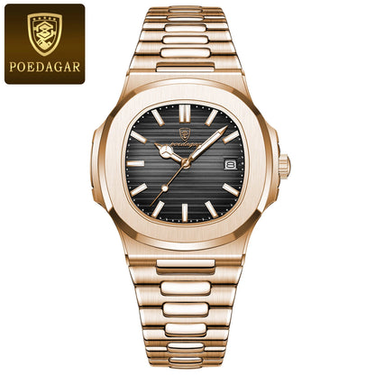 POEDAGAR Luxury Men's Watch – 30ATM Waterproof, Stainless Steel Square Quartz, Luminous Date, Business reloj hombre
