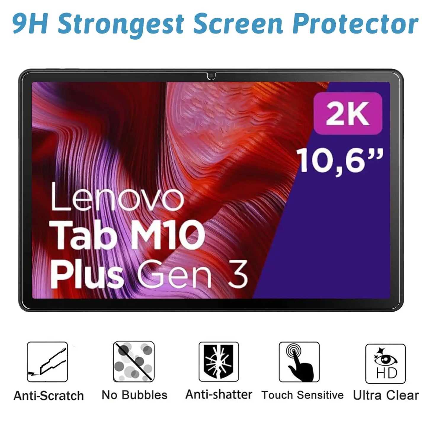Lenovo Tab M10 Plus 3rd Gen 10.61″ Screen Protector — 9H HD Clear Anti-Scratch Tempered Glass Film for TB128FU/TB125FU
