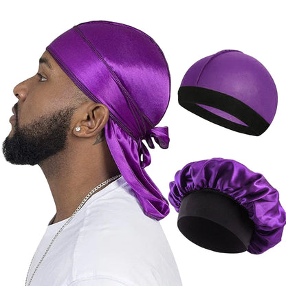 Men’s Silky Durag with Long Tail - Pirate Hat, Headband, Turban, Wave Cap, Unisex Satin Wig Cap with Elastic Band
