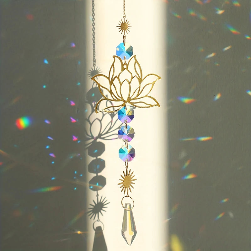 Metal Lotus & Crystal Suncatcher Charm – Handmade Wind Chime Pendant for Home, Garden, and Outdoor Decoration