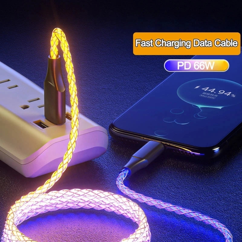 6A Fast Charging RGB Luminous Data Cable – 66W Type-C Charger for iPhone 15 Pro, Huawei, Samsung