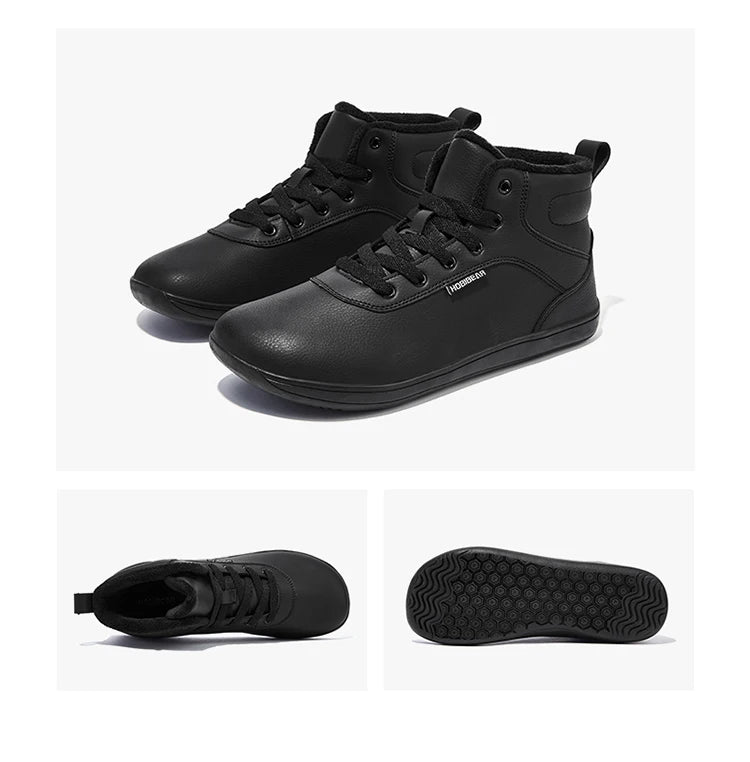 HOBIBEAR Unisex Winter Barefoot Shoes – Wide Toe Box Faux Fur Lined Ankle Sneakers for Women & Men, Artificial Leather Lace-Up