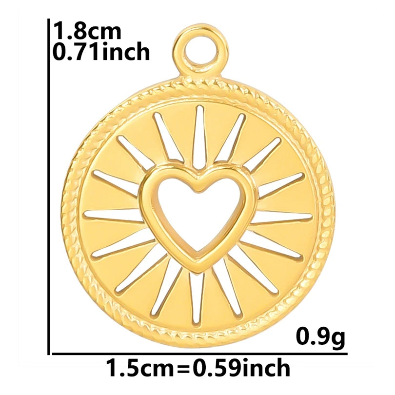 6pcs Real Gold-Plated Sun Charms - Stainless Steel Jewelry Making Pendants, Heart, Moon & Sunshine Design