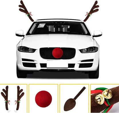Christmas Car Decoration Kit – Deer Antlers with Red Nose & Tail Holiday Pendant Accessories