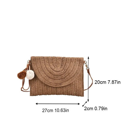 Handmade Straw Beach Bag – Small Woven Summer Shoulder Crossbody Clutch with Hair Ball