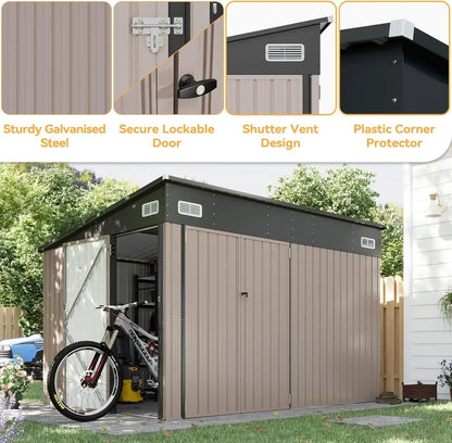 11.5'x7.5' Outdoor Metal Storage Shed – Triple Lockable Door with Sloping Roof for Tools & Bicycles